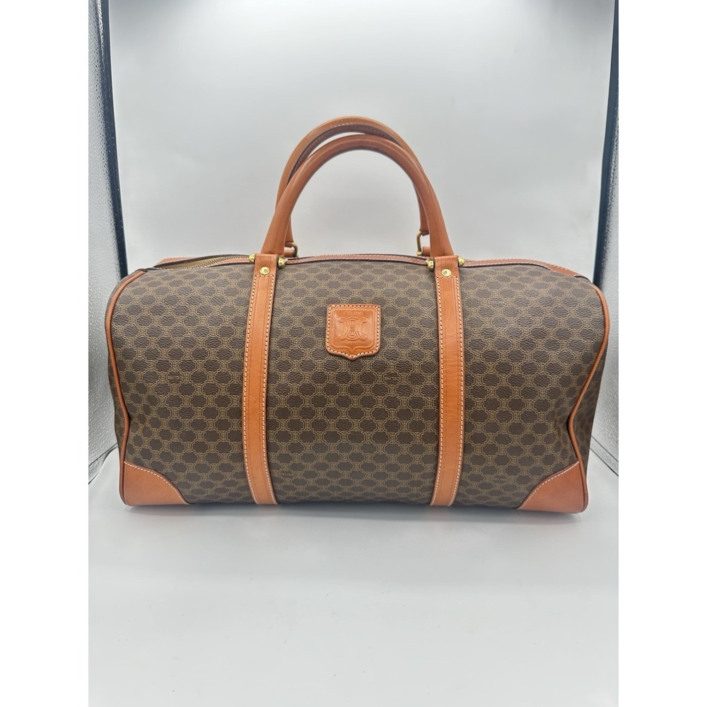 Vintage CELINE Macadam Canvas Boston Bag Brown Gold Monogram Leather Trim